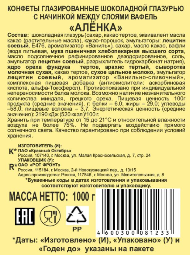 Конфеты Аленка Красный Октябрь, 1кг