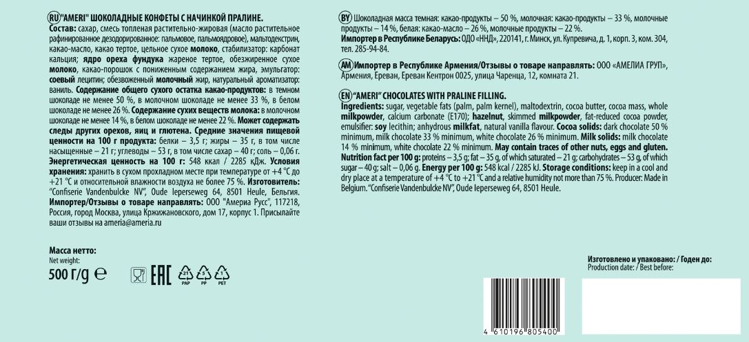 Конфеты шоколадные Ameri с начинкой пралине, 500г