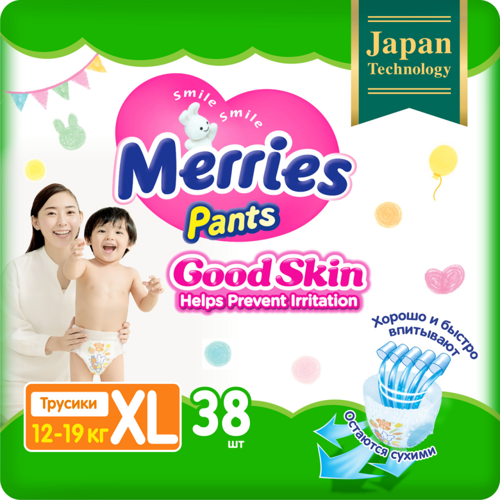 Трусики Merries Good Skin размер XL 12-19кг, 38шт