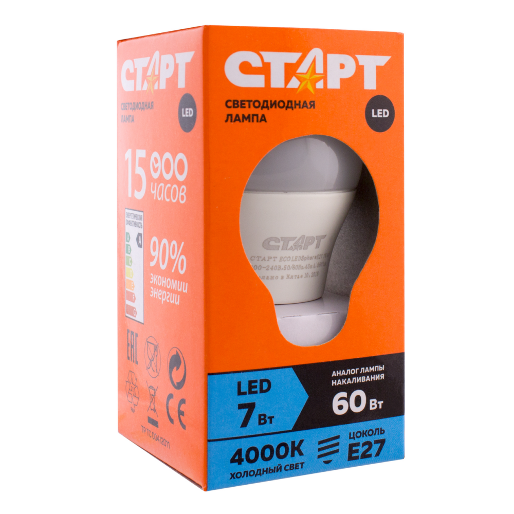Светодиодная лампа Старт Е27 7 Вт холодный белый шар