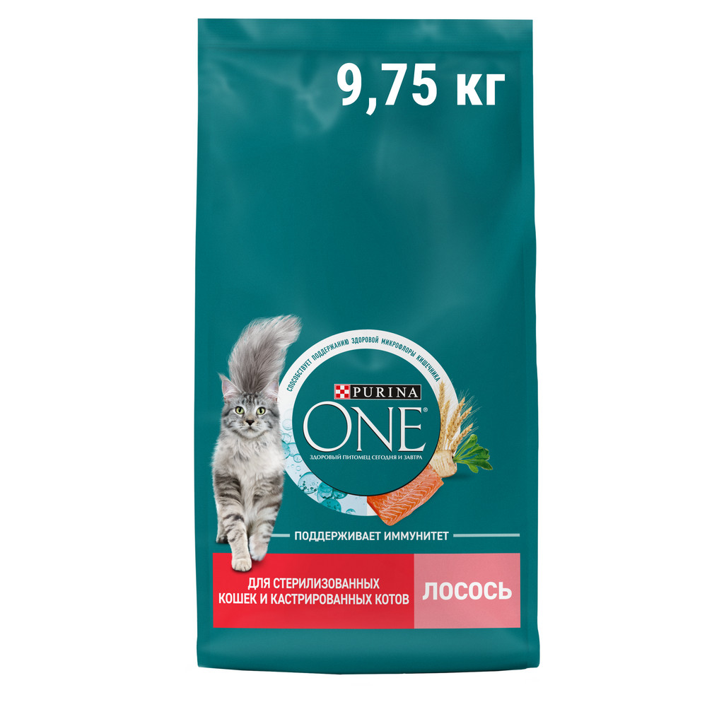 Корм Purina One сухой для стерилизованных кошек с лососем, 9.75кг