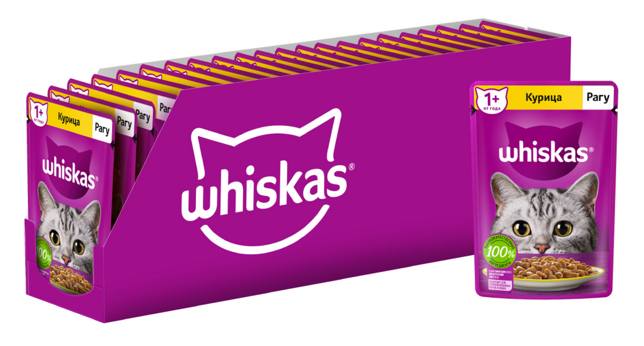 Корм влажный Whiskas для взрослых кошек рагу с курицей, 75г