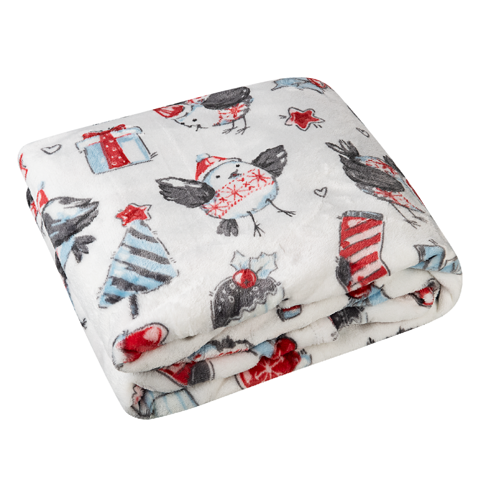 Tarrington House Плед микровелюр с сумкой с принтом снегири, 150 х 200см