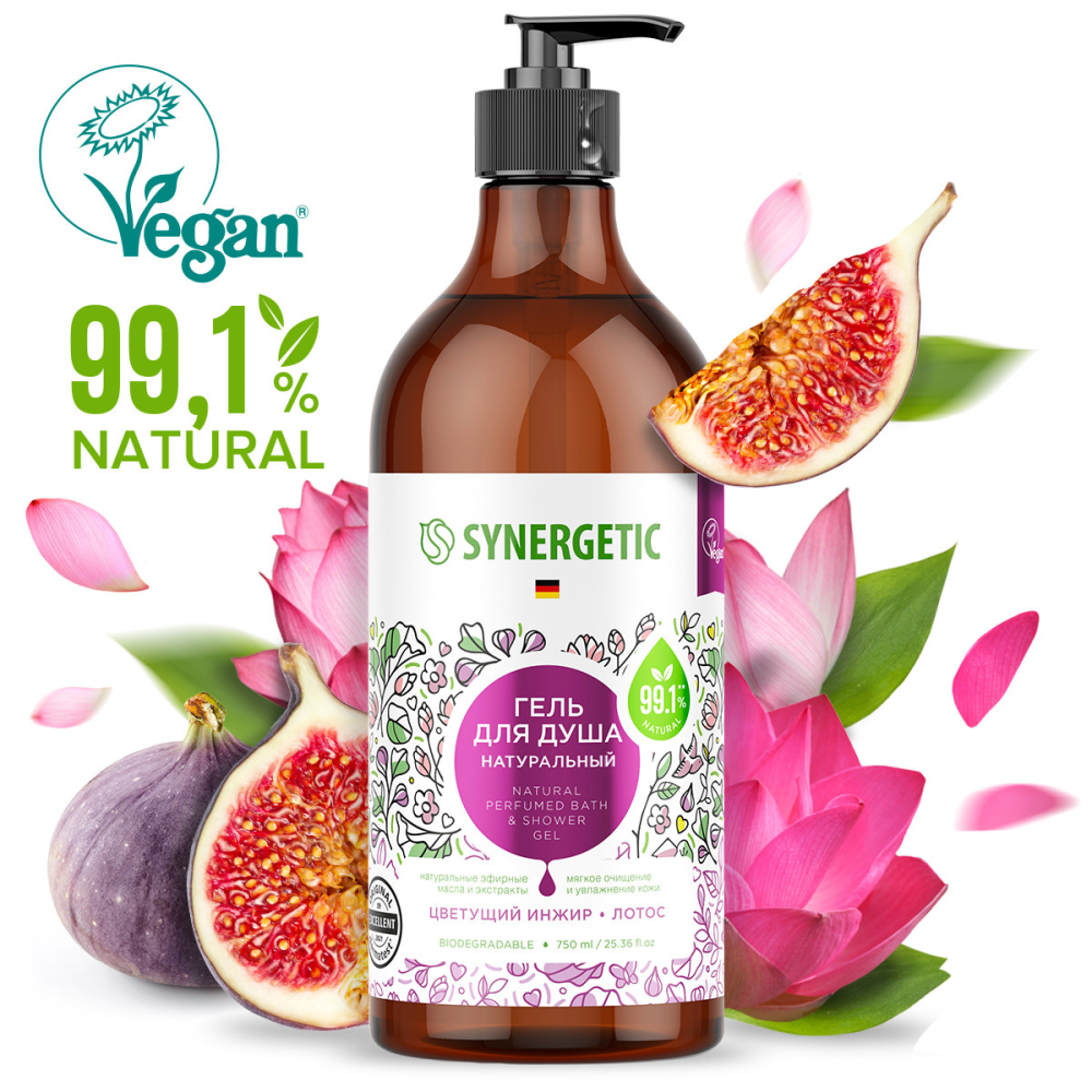 Гель для душа Synergetic Цветущий инжир и лотос увлажняющий, 750мл