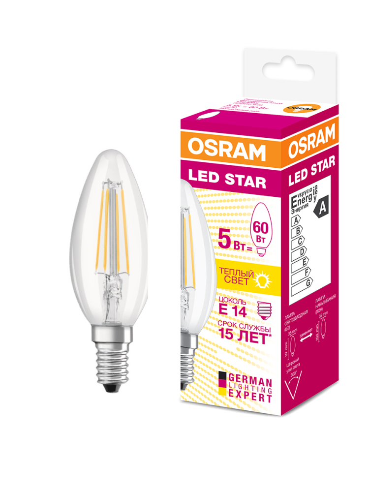 Светодиодная лампа Osram LED E14 5 Вт 2700 K свеча на ветру прозрачная