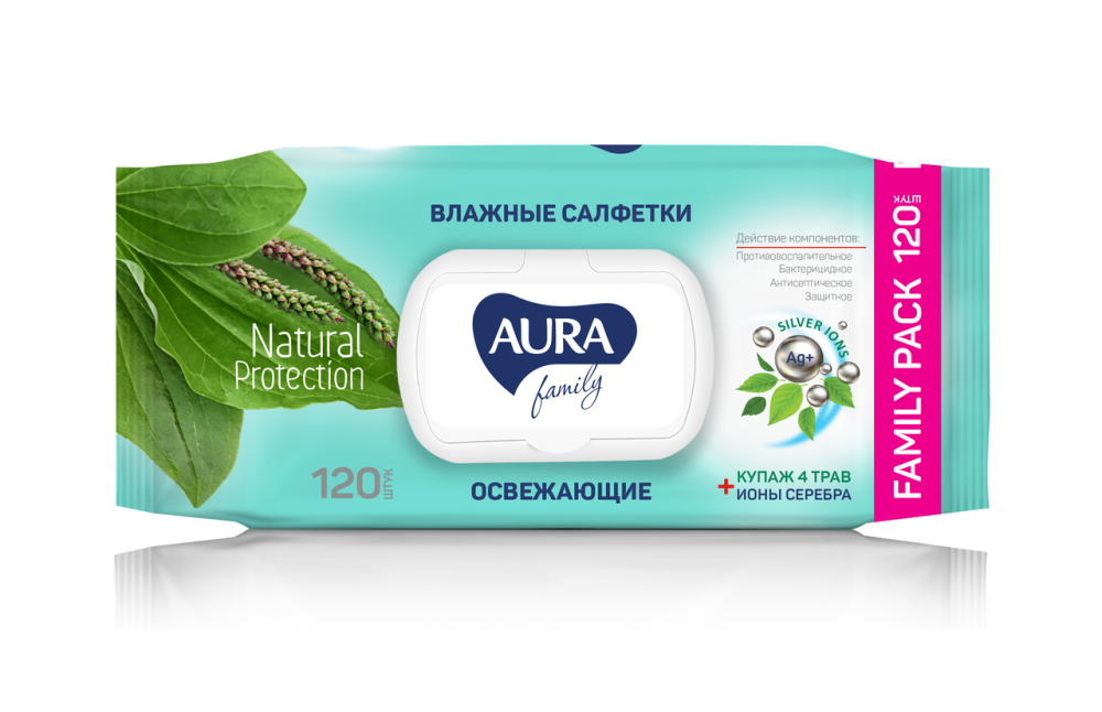 Салфетки влажные освежающие Aura Family, 120шт