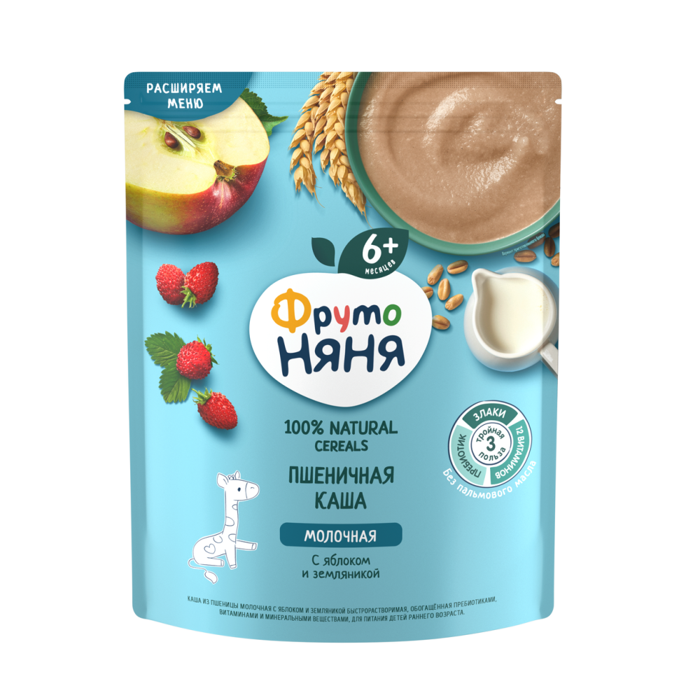 Каша ФрутоНяня яблоко-земляника пшеничная молочная, 200г