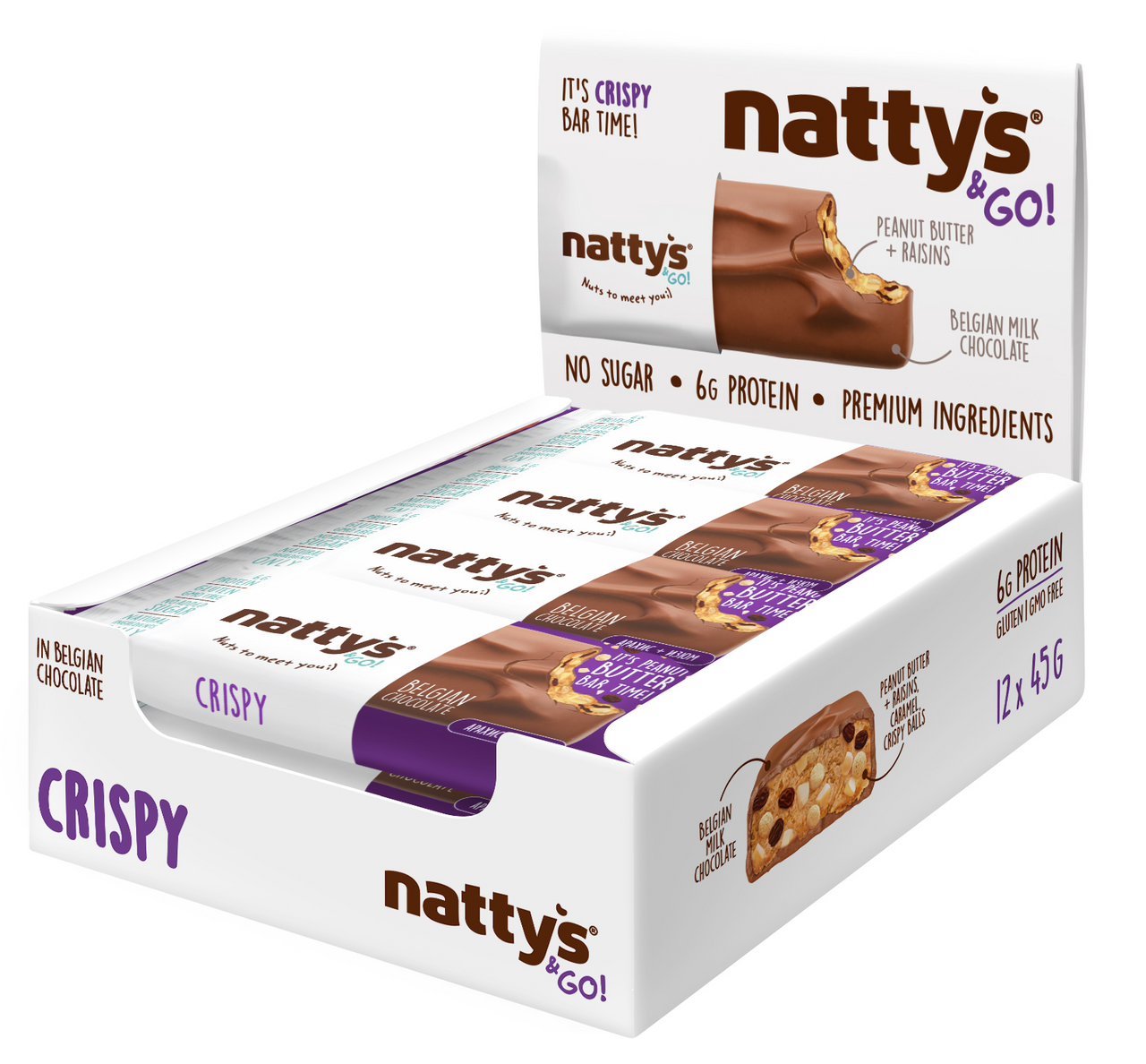 Батончик шоколадный Nattys &Go Crispy с арахисовой пастой, карамелью и изюмом в молочном шоколаде, 45г