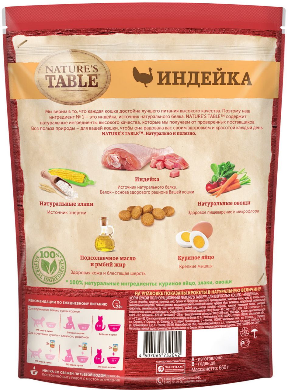 Корм сухой Nature's Table Индейка для кошек 650 г