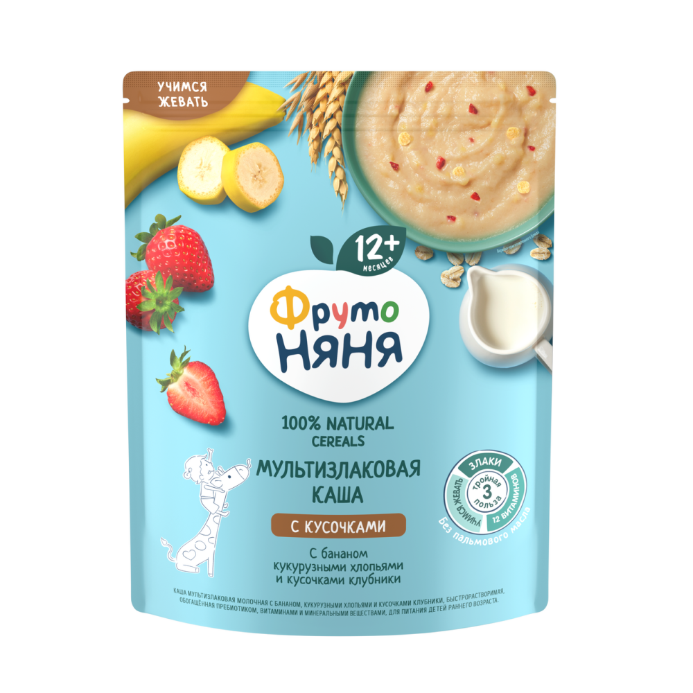Каша ФрутоНяня мультизлаковая банан-хлопок-клубника молочная, 200г