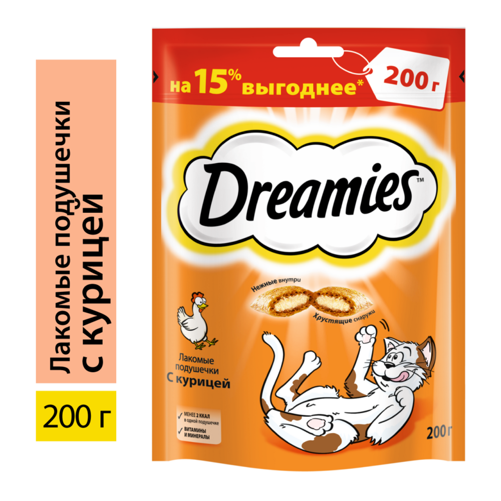 Лакомство Dreamies Лакомые подушечки для кошек с курицей, 200г