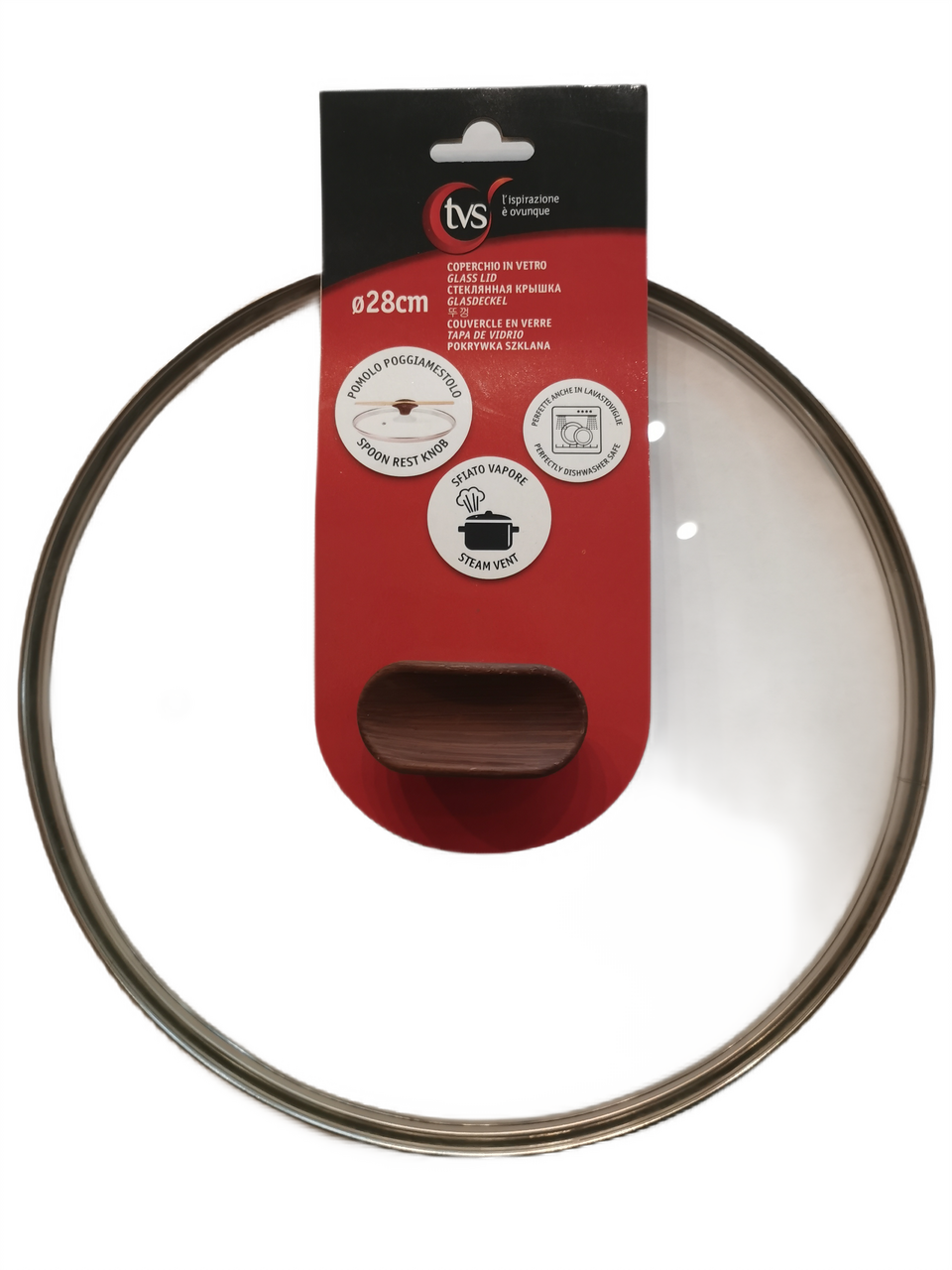 Крышка TVS с ручкой под дерево, металлическим ободом и паровыпуском, 28см