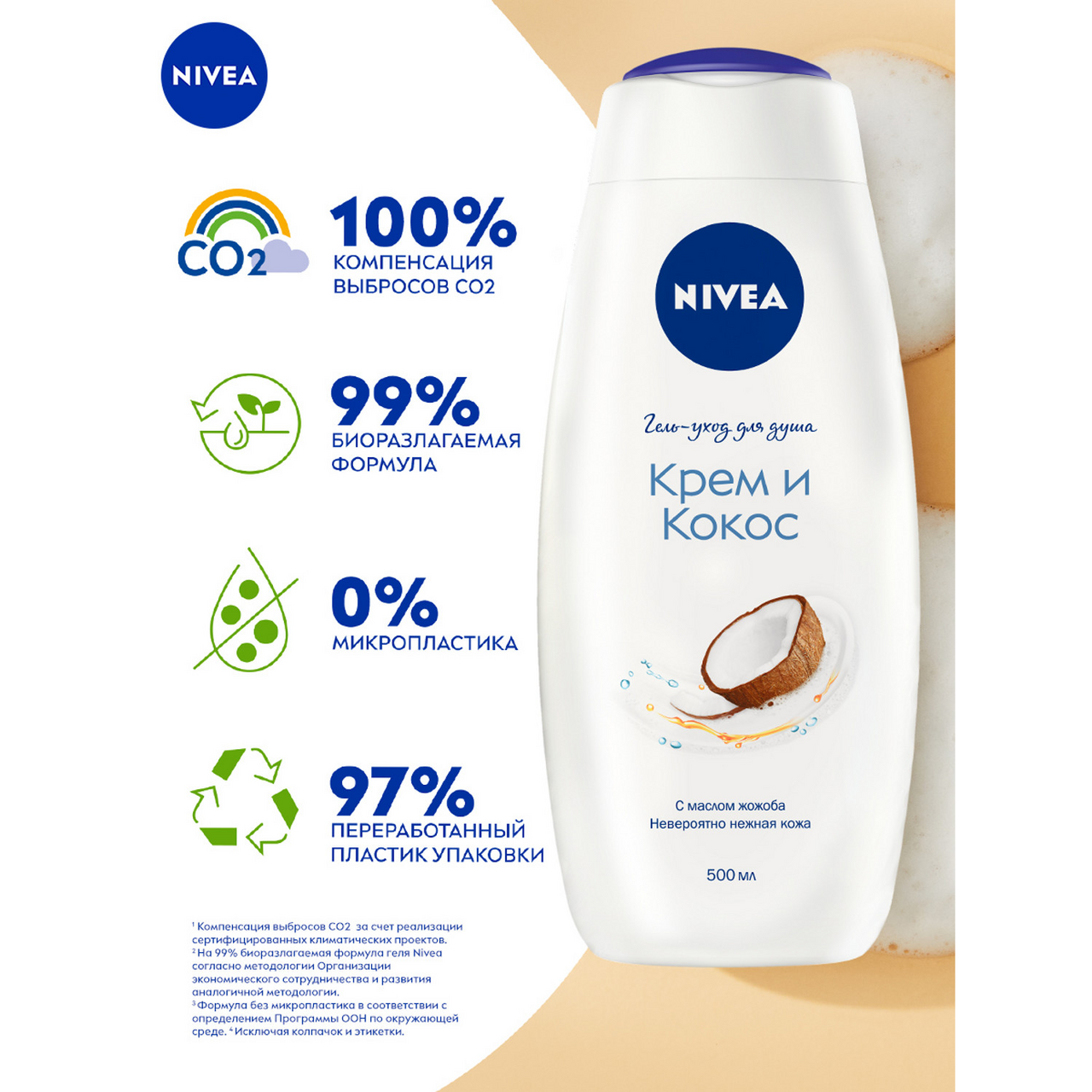 Гель Nivea для душа крем и кокос с маслом жожоба, 500мл