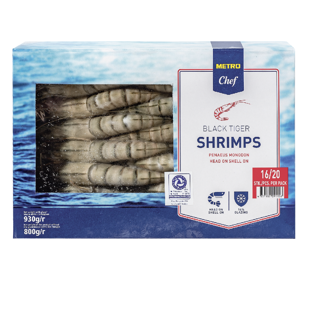 Креветки тигровые Metro Chef, 16/20 с головой, 860 г
