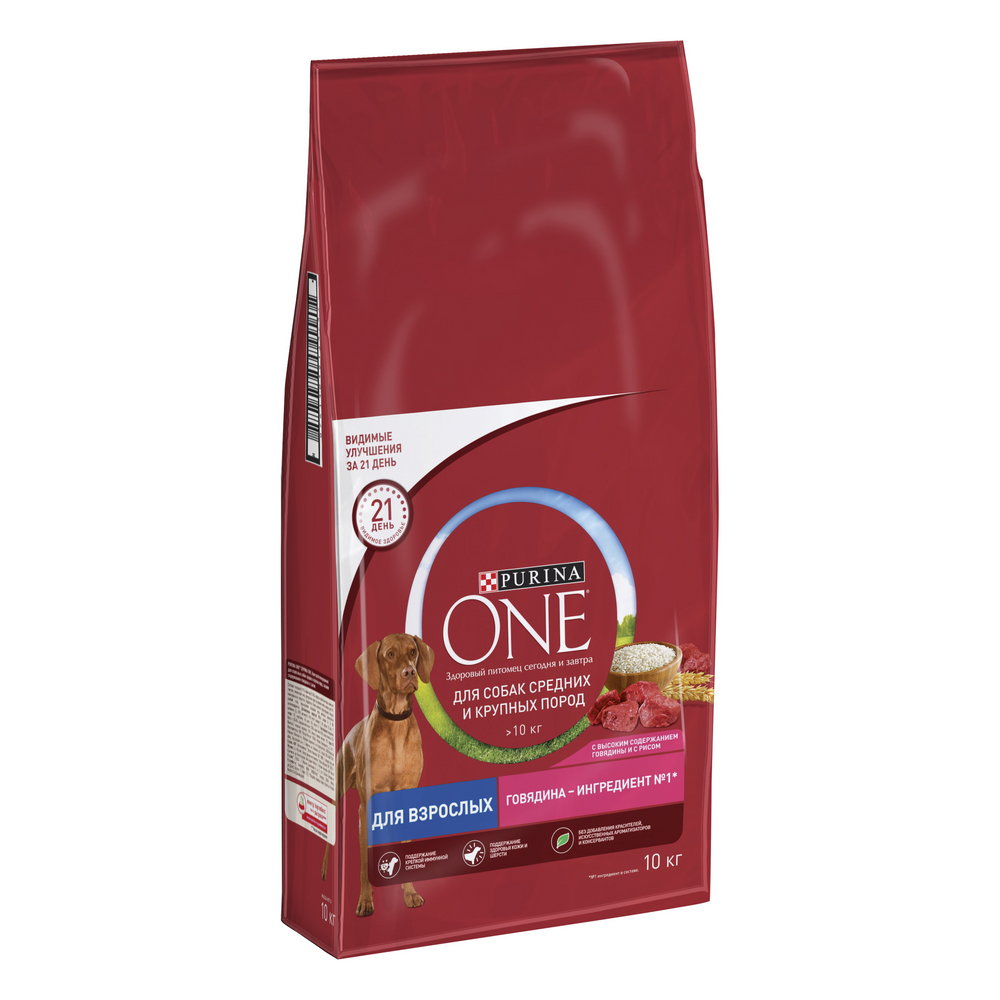 Корм сухой Purina One для взрослых собак средних и крупных пород с говядиной и рисом 10 кг