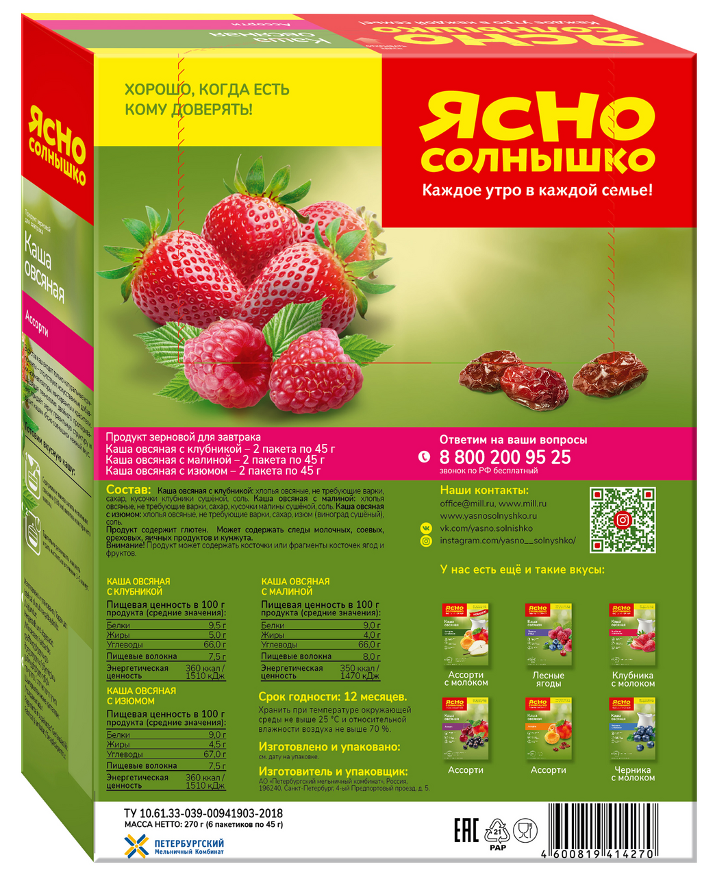 Каша овсяная Ясно солнышко клубника-малина-изюм 45г x 6шт, 270г