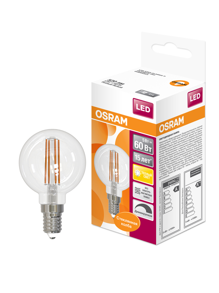 Лампа светодиодная Osram Е14 5 Вт 4000 К шар прозрачная теплый свет