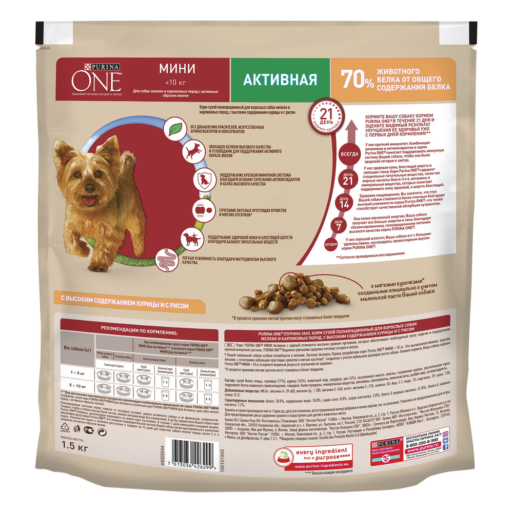 Корм сухой Purina One Мини Активная с курицей и рисом для собак мелких пород 1.5 кг