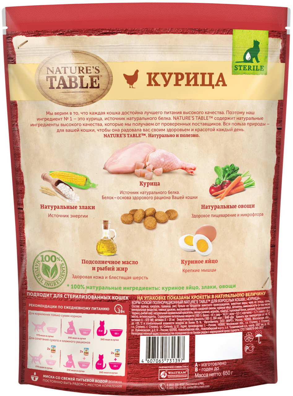 Корм сухой Nature's Table Курица для кошек 650 г