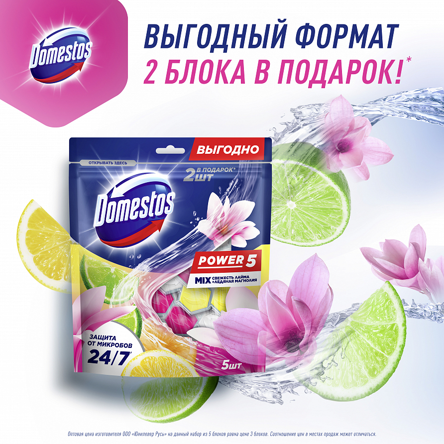Блок для унитаза Domestos Power 5 Свежесть лайма и ледяная магнолия, 250г