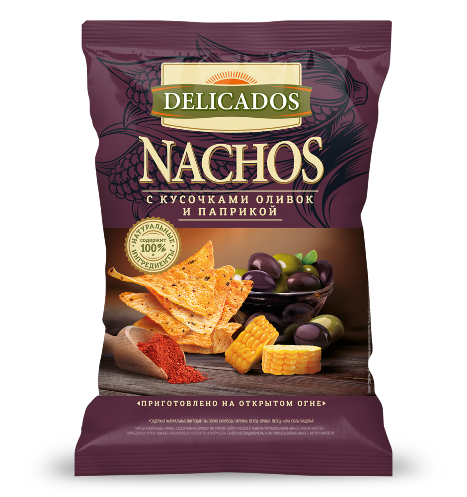 Чипсы Delicados Nachos кукурузные с кусочками оливок и паприкой 150г