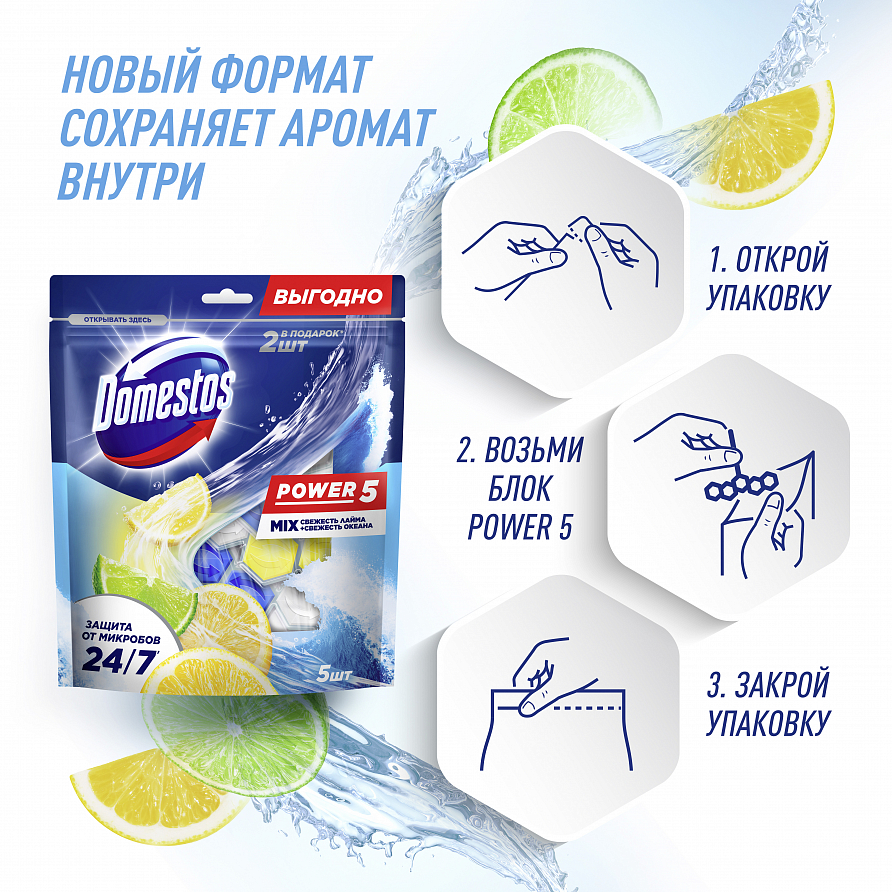 Блок для унитаза Domestos Power 5 Свежесть лайма и свежесть океана, 250г