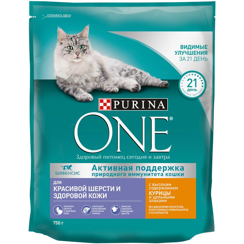 Корм сухой Purina One для красивой шерсти, с курицей и цельными злаками 750г