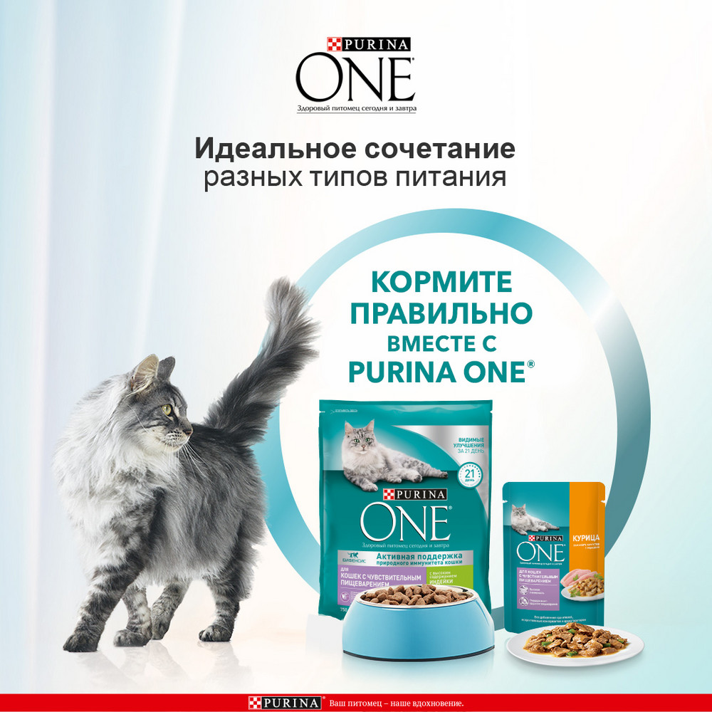 Сухой корм для кошек Purina One с чувствительным пищеварением с индейкой и рисом 750г
