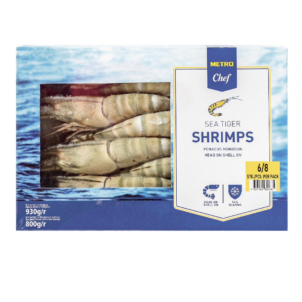 Креветки METRO CHEF Metro Chef тигровые 6/8 с головой свежемороженые, 800 г