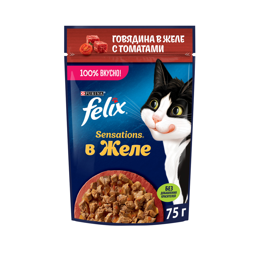 Корм влажный Felix Sensations говядина-томат, 75г