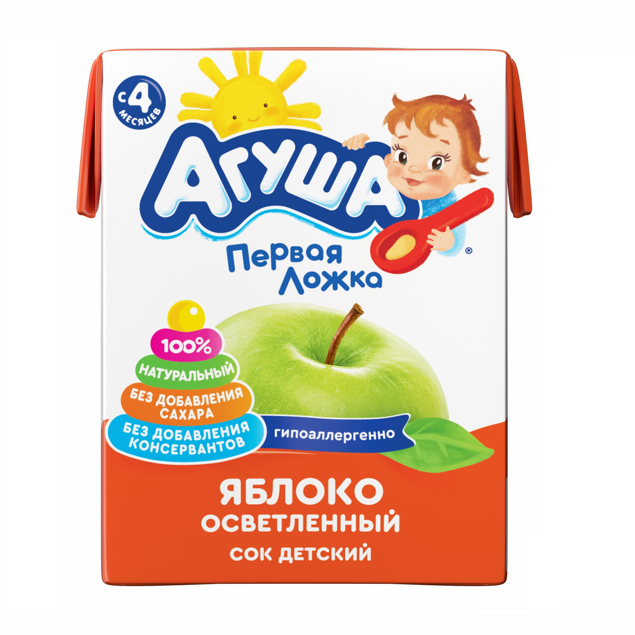 Сок Агуша яблочный осветленный без сахара с 4 месяцев, 200мл