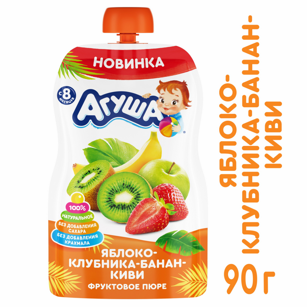 Пюре фруктовое Агуша яблоко-банан-клубника-киви, 90г