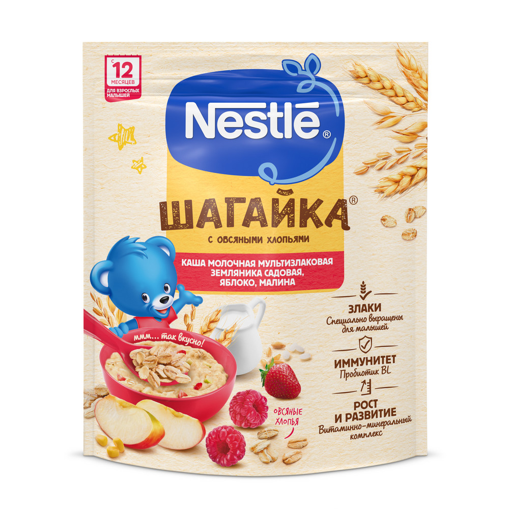 Каша Nestle Шагайка мультизлаковая земляника-яблоко-малина молочная, 190г