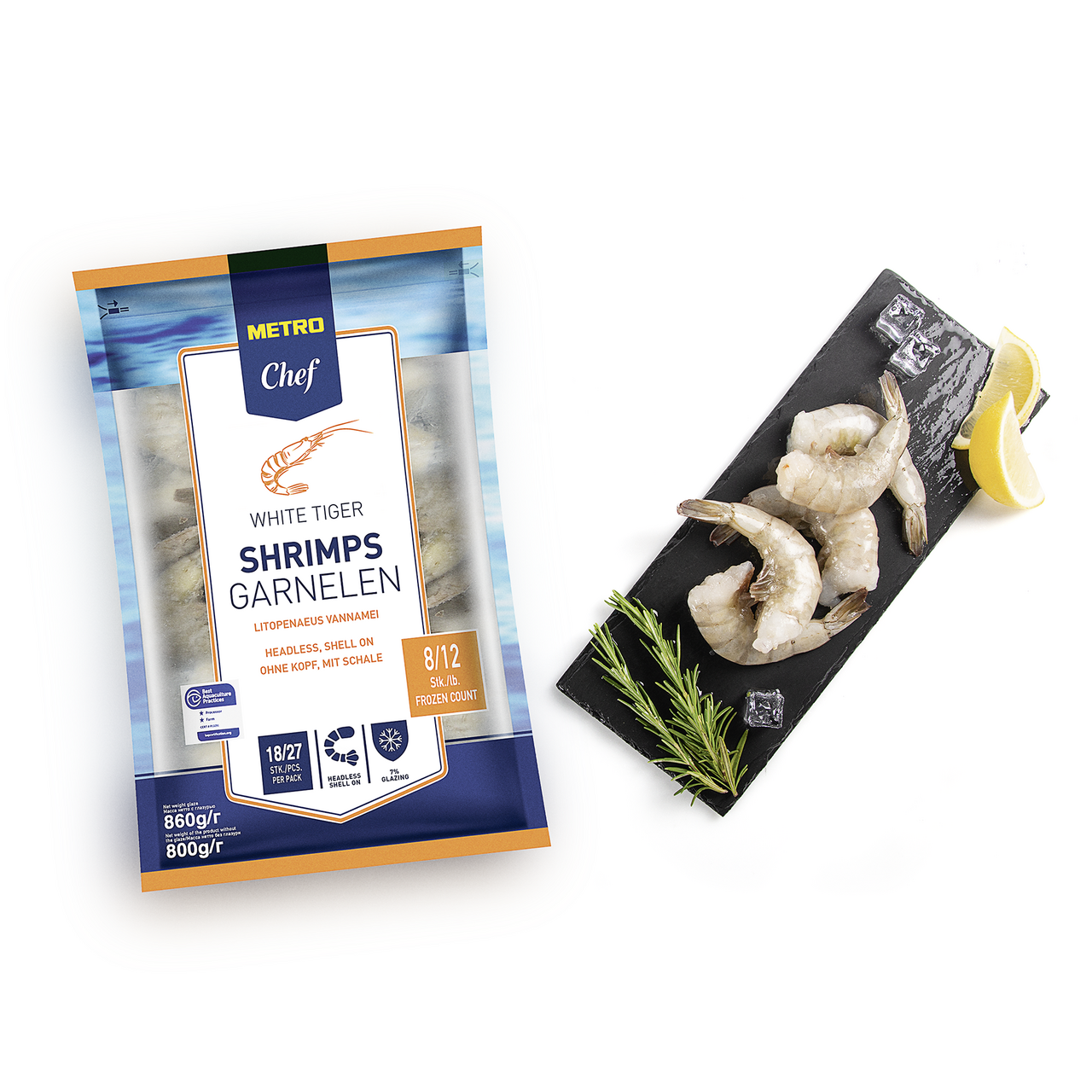 Креветки 8/12 тигровые без головы свежемороженые, 800г