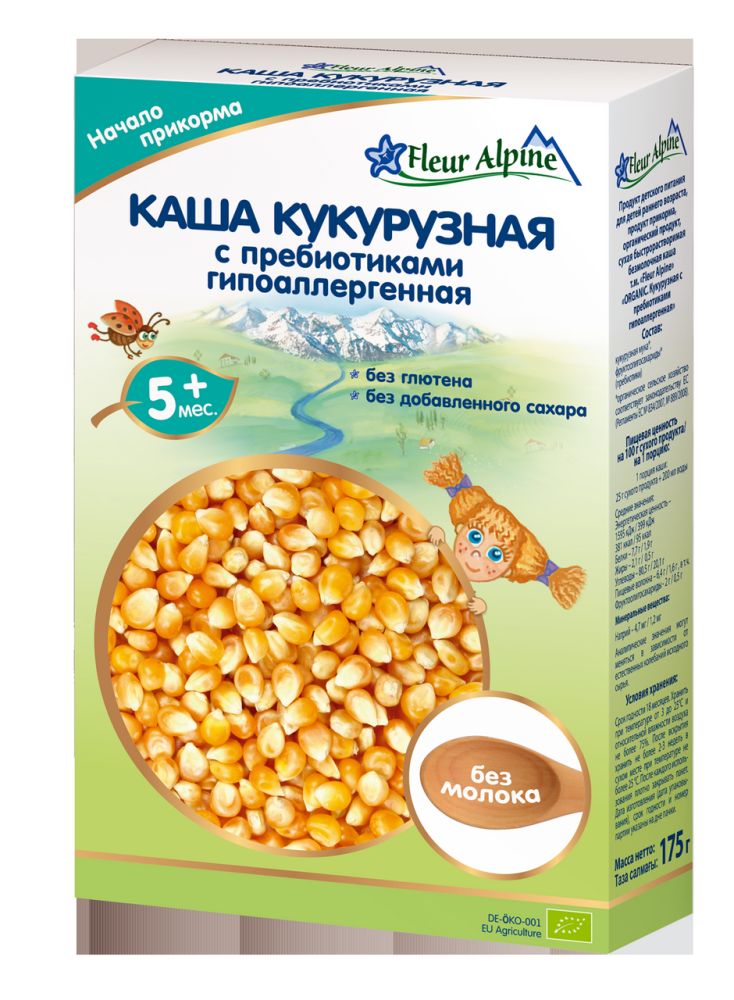 Каша Fleur Alpine Organic кукурузная с пребиотиками гипоаллергенная безмолочная с 5 месяцев