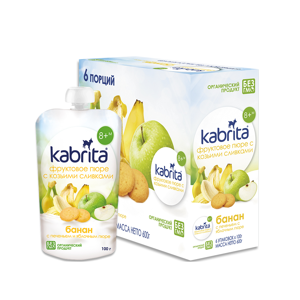 Пюре Kabrita фруктовое с козьими сливками банан с печеньем с яблочным пюре с 6 месяцев