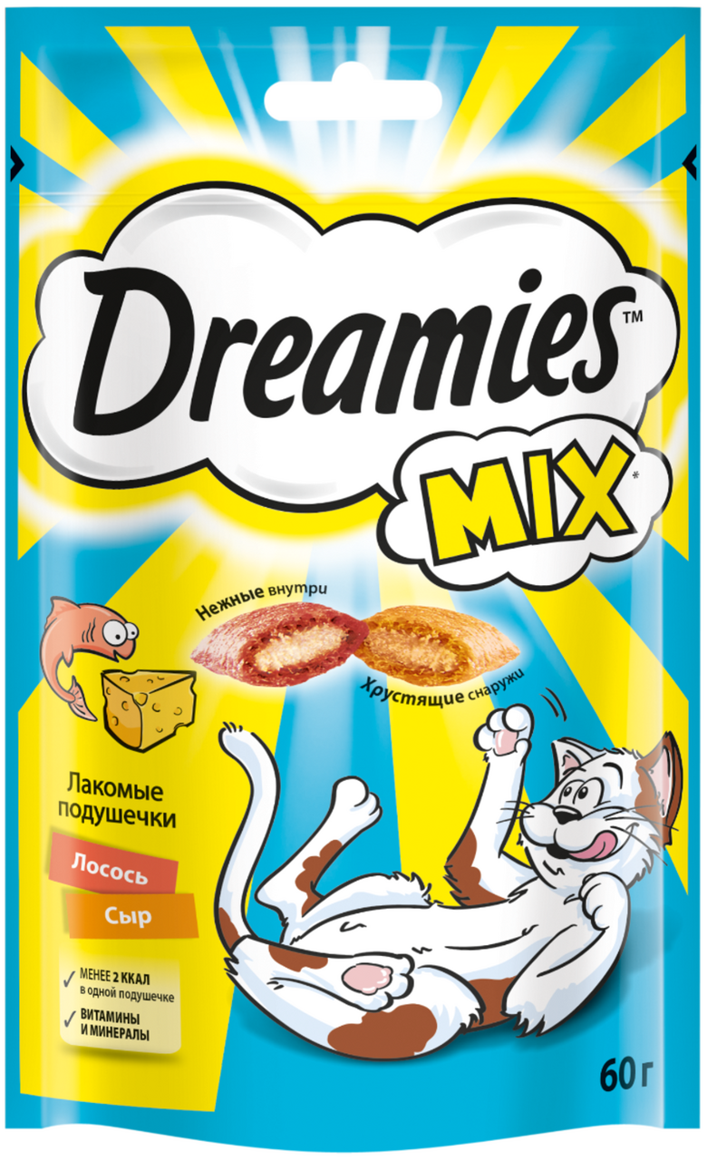 Лакомство Dreamies Микс Лакомые подушечки для взрослых кошек лосось и сыр, 60г