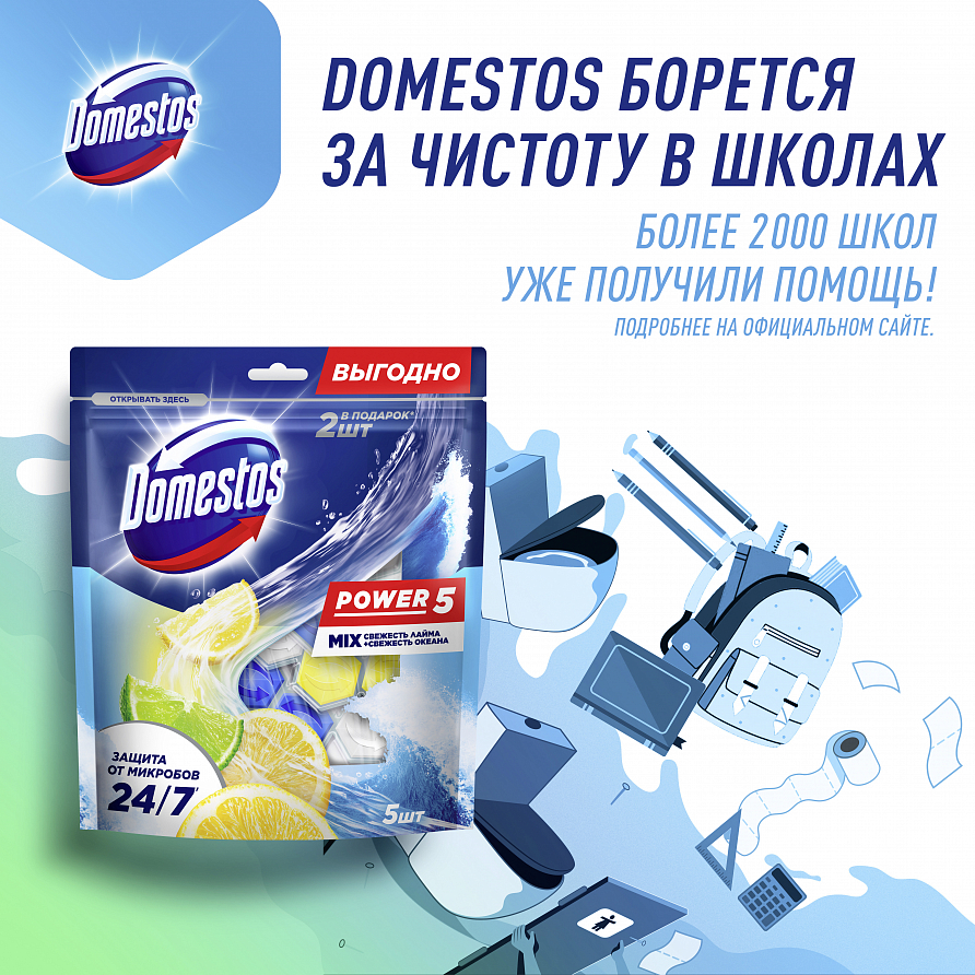 Блок для унитаза Domestos Power 5 Свежесть лайма и свежесть океана, 250г