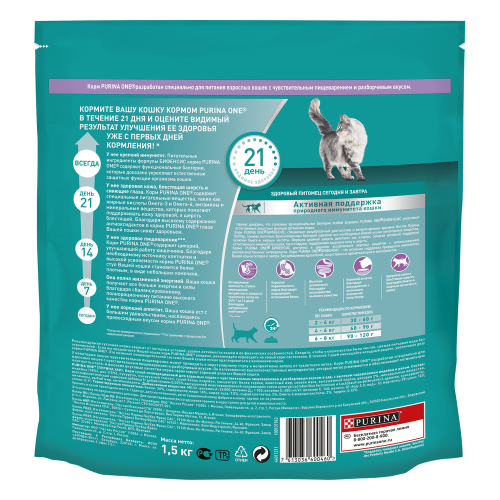 Корм сухой Purina One с индейкой и рисом для кошек с чувствительным пищеварением 1.5 кг