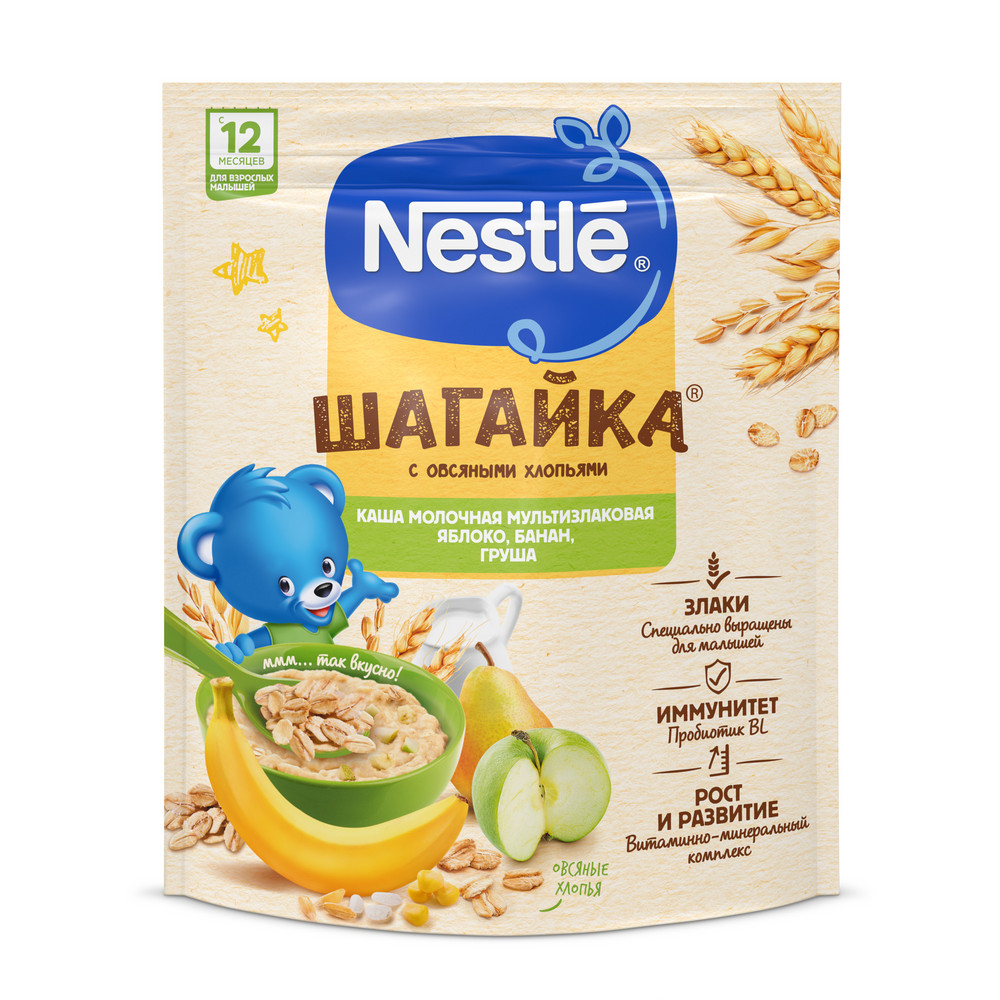 Каша Nestle Шагайка мультизлаковая яблоко-банан-груша молочная, 190г