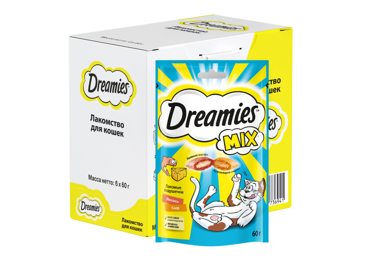 Лакомство Dreamies Микс Лакомые подушечки для взрослых кошек лосось и сыр, 60г