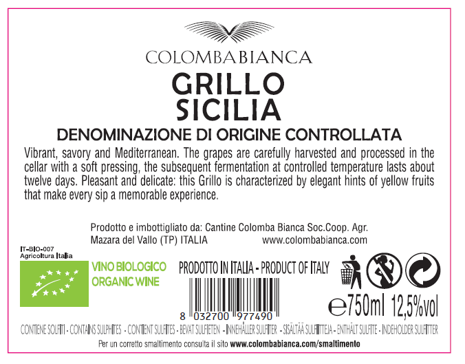 Вино Colomba Bianca Grillo Sicilia белое полусухое, 0.75л