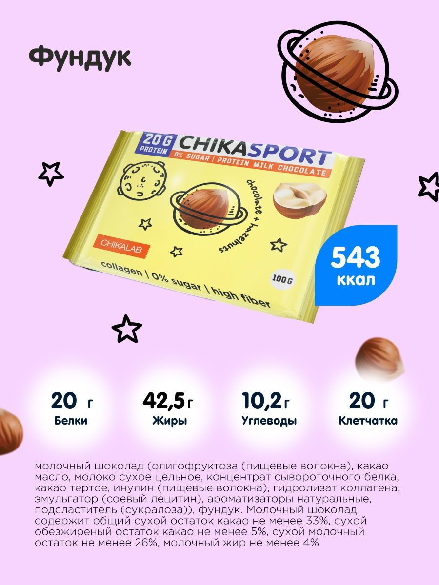 Шоколад Chikalab Chika Sport протеиновый молочный с фундуком, 100г