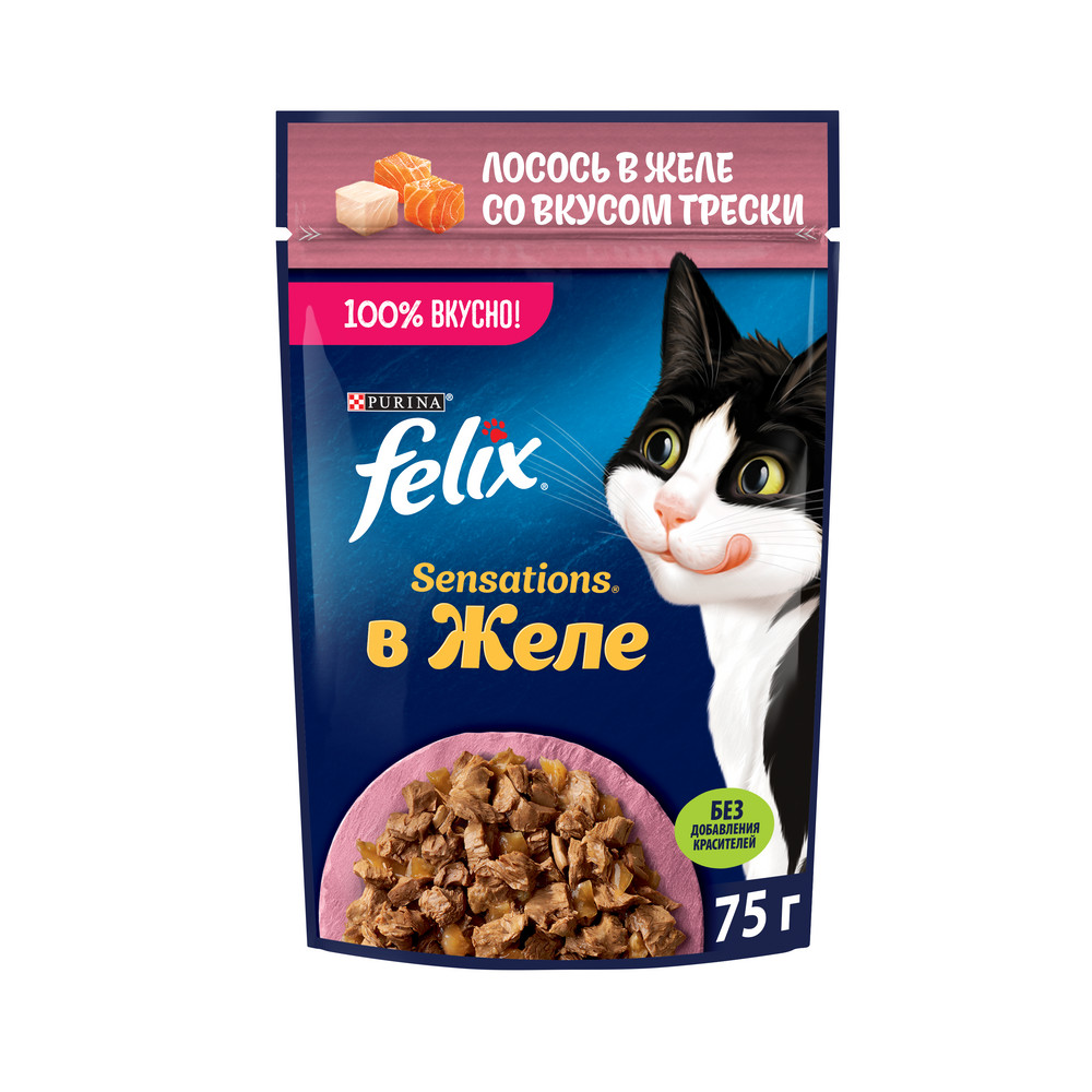 Корм влажный Felix Sensations желе лосось-треска, 75г