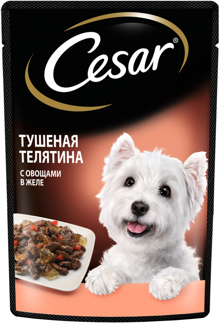 Корм влажный Cesar с тушеной телятиной и овощами в желе для взрослых собак 85 г