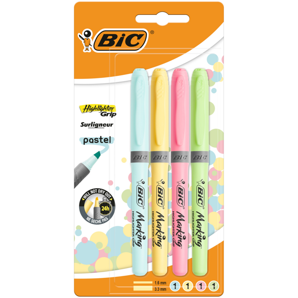 Текстовыделитель BIC Hughligher Grip pastel, 4шт