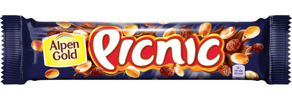 Батончик Picnic с арахисом и изюмом, начинкой из мягкой карамели 38г