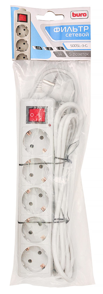 Сетевой фильтр Buro 500SL-3-G 3м (5 розеток) серый (пакет ПЭ)