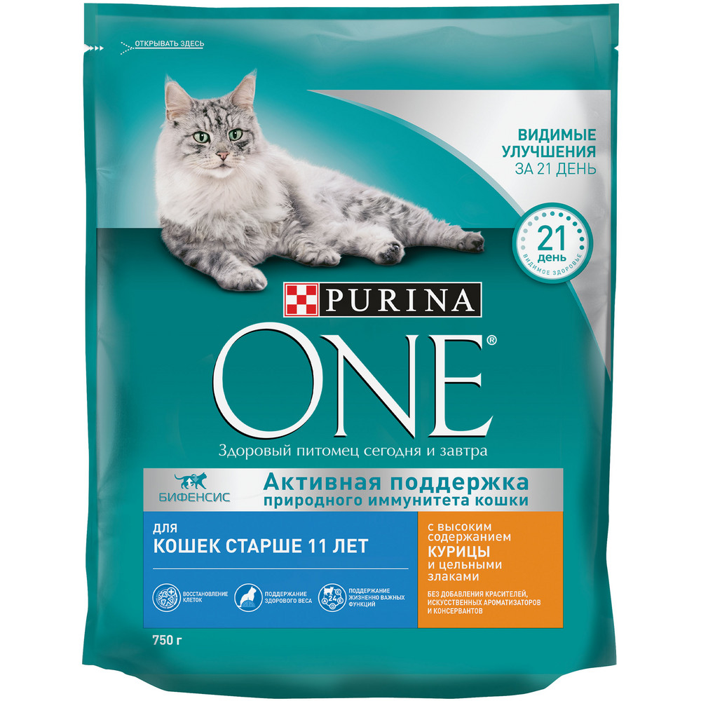Корм сухой Purina One для кошек старше 11 лет с курицей и цельными злаками, 750г