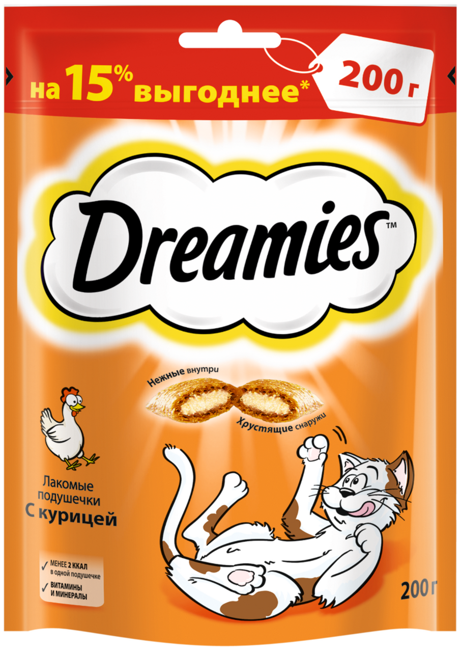 Лакомство Dreamies Лакомые подушечки для кошек с курицей, 200г